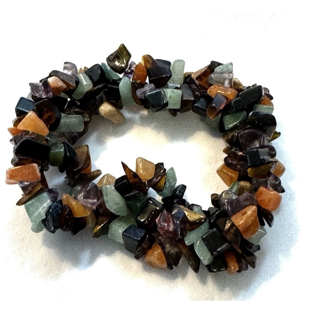 Multi Stone Chip Stretch Bracelet Tigers Eye Amethyst Aventurine Boho 7 Inch‎
